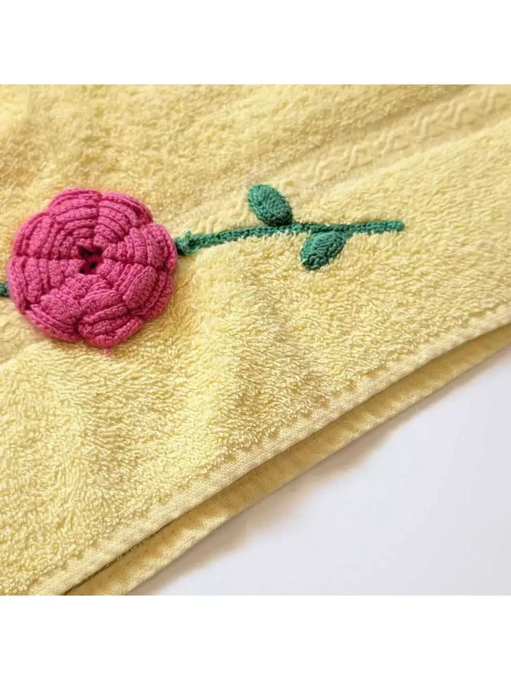 Vintage Yellow Bath Towel with Red Crochet Rose Applique